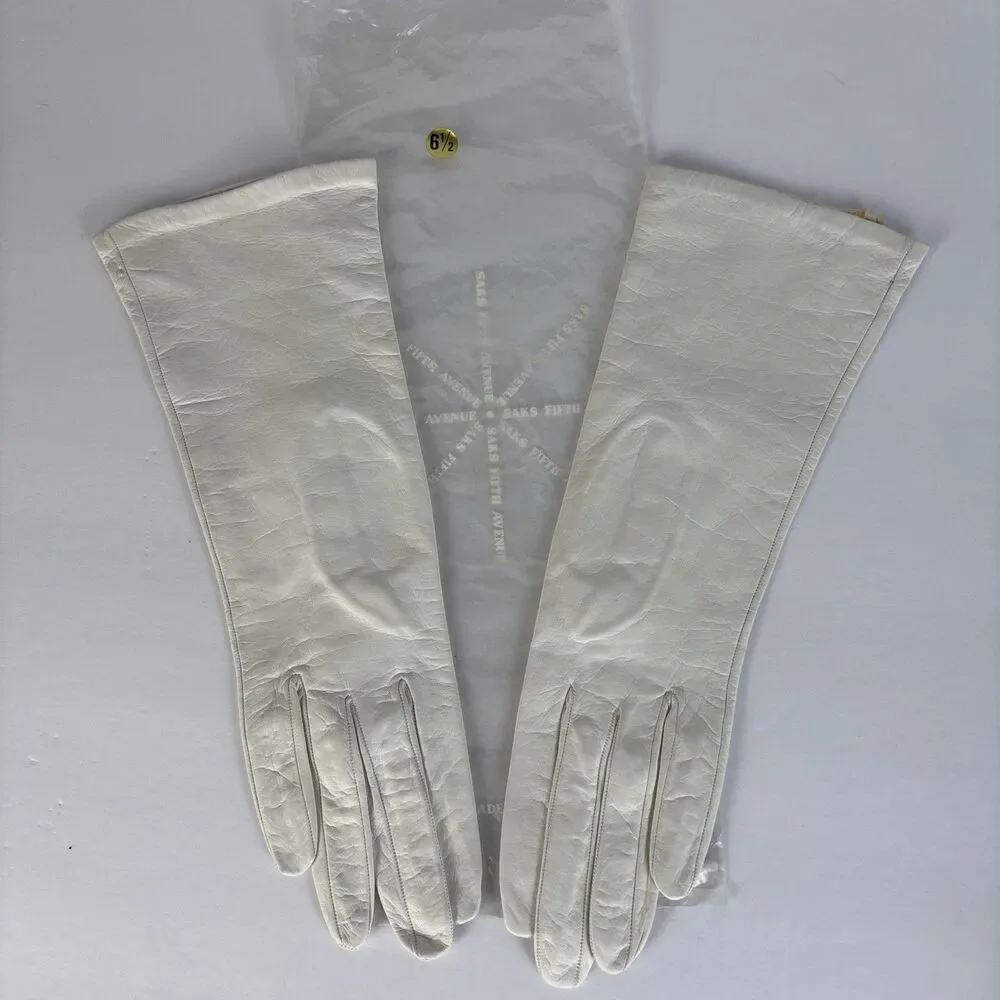 Saks Fifth Avenue VTG Leather Gloves SIlk Lined White Size 6 1/2